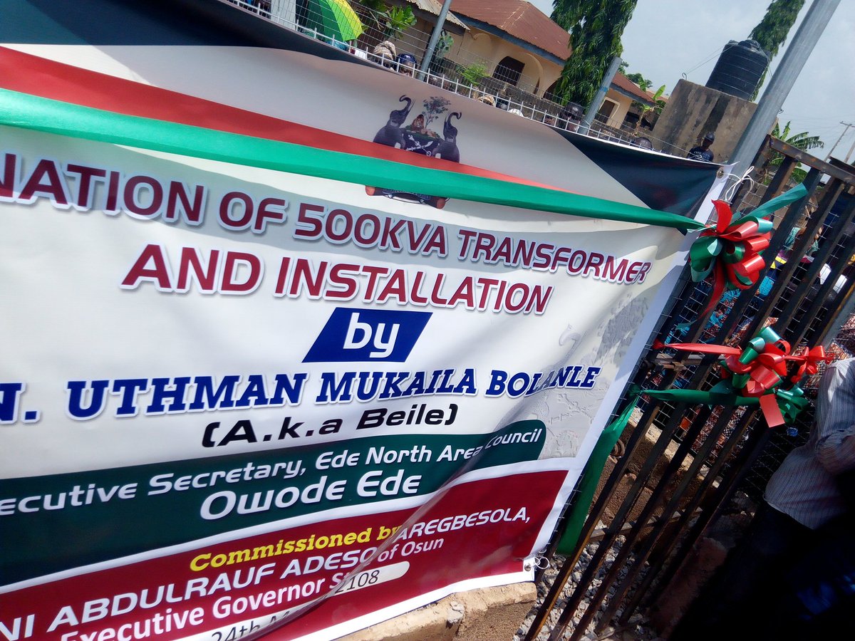 EdenorthAC's tweet photo. The commissioning of a Brand New 500KVA transformer at Oke Awere Community, Owode Ede donated by Hon. Mukaila Uthman led administration of Ede North Area Council. @OSUN_APC @raufaregbesola @AdeyemoWazir @OsunDefender @OsunInformation @osbcng @APCYouthLeague1 @prinxadeyemi https://t.co/PltQE4w6aJ