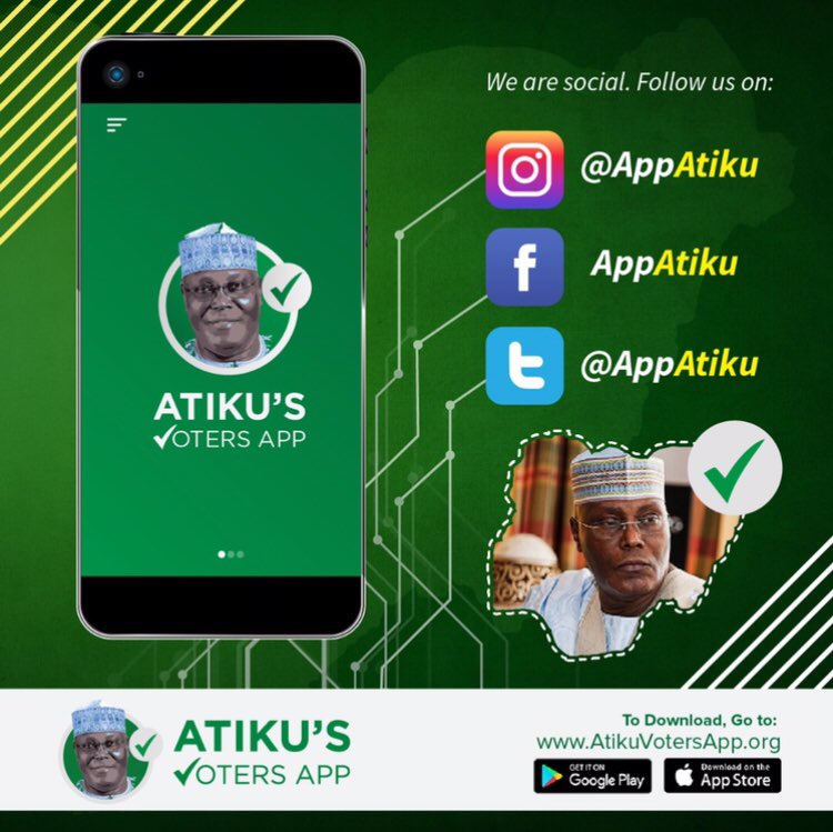 AppAtiku's tweet photo. We are social. Follow us on Facebook, Instagram and Twitter @Appatiku to know more about the Atiku's Voters App. The Atiku's Voters App will be available for download on IOS and Android soon!!! #Atiku #AtikuAbubakar #Atikool #KnowYourLeader #Anticipate #AtikuVotersApp #VoteAtiku https://t.co/VpQa2L3hbx