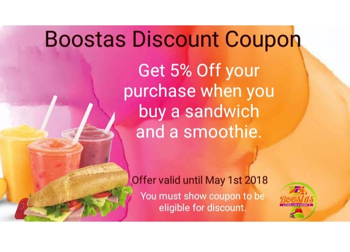 boostasja's tweet photo. Boostas Discount coupons are now available. Get 5% Off your next purchase of a Sandwich &amp; Smoothie. Offer last until May 1st. 2018 #Getboost #smoothies #sandwiches #Boostas #Savlamar https://t.co/ACTmtONaLD
