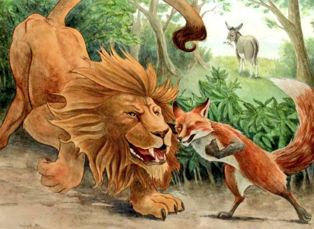 أدعى الحمار أن لون البرسيم أصفر وأصر الثعلب على أن لونه أخضر ، وتوجها للأسد فحكم على الثعلب بالسجن شهر وحكم للحمار بالبراءة !!

   خرج الحمار مستبشرا ، ولما استفسر الثعلب من الأسد عن سبب حكمه القاسي رغم صواب رأيه ، أجابه الأسد :  لم تخطئ لون البرسيم لكنك أخطأت بمجادلة الحمار .