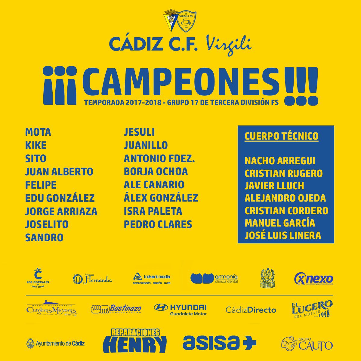 CDVirgiliCadiz's tweet photo. GRACIAS a todos los que habéis hecho posible que seamos CAMPEONES

Y también a los juveniles Javi Domínguez y Velázquez.

¡Grandes, equipo y cuerpo técnico! https://t.co/eoSbxaRu41