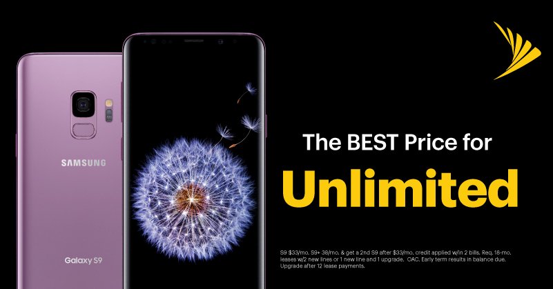 NuWaveSprint26's tweet photo. At Sprint, get the BEST Price for Unlimited. And for a limited time, lease one Samsung Galaxy S9 or S9+ and get one S9 on us. See our store for details! https://t.co/aM2FcGcXPd