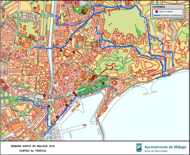 PCMalaga's tweet image. Cortes de tráfico e itinerarios recomendados durante #SemanaSantaMLG
