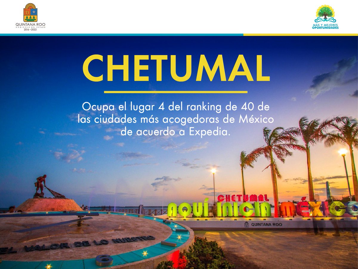 CarlosJoaquin's tweet photo. Nuestra capital es un #OrgulloQuintanarroense al haber sido seleccionada como la cuarta ciudad más acogedora de #México en el ranking de @Expedia. ¡Felicidades #Chetumal! @SedeturQROO https://t.co/hC8TnHMlbA