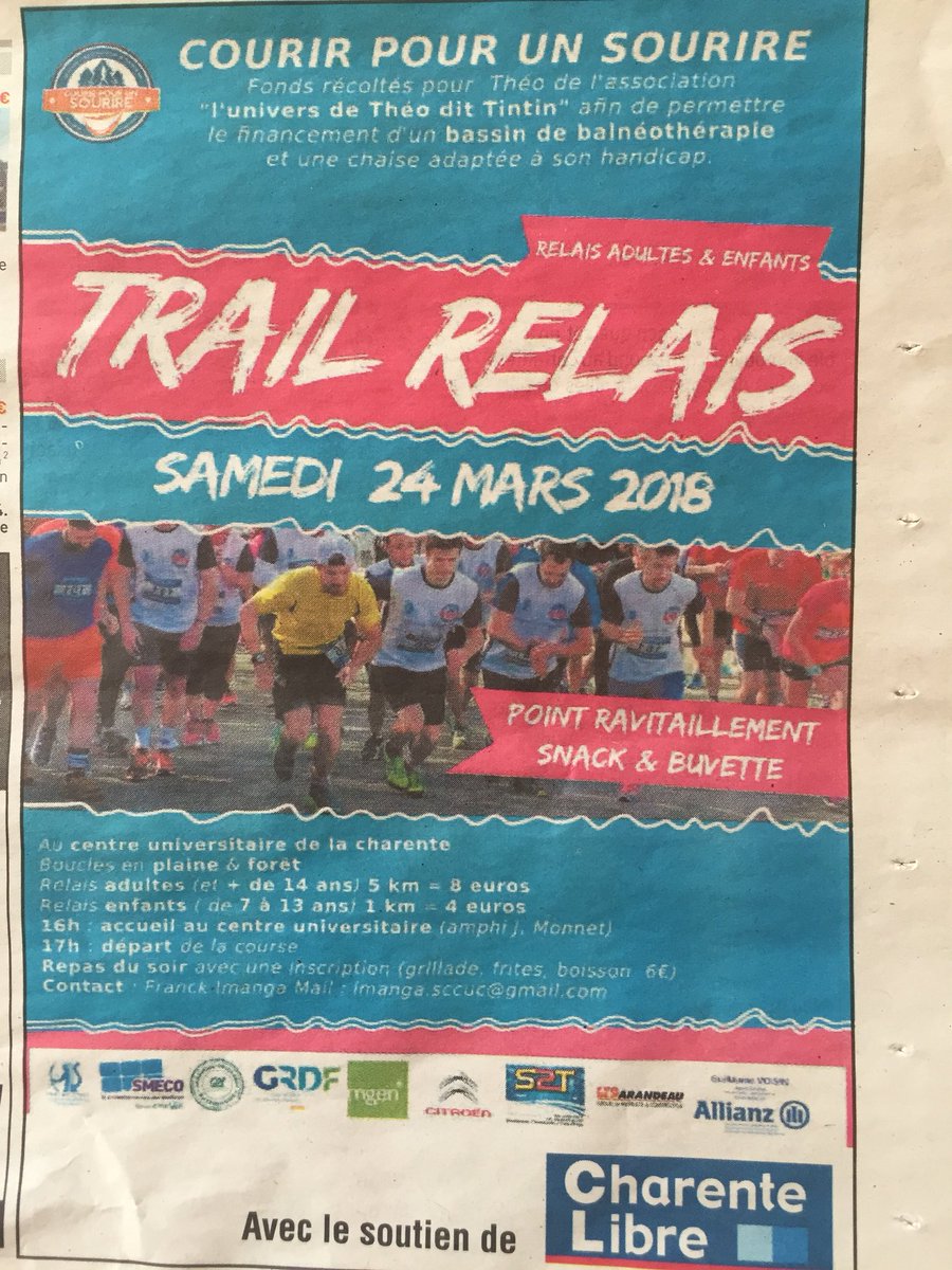 Cet après midi nous serons avec  Antoine JOLLIVET les représentants de GRDF pour courir en relais en faveur de l’association Courir pour un sourire. Les bénéfices seront reversés à Théo qui pourra acheter un bassin de balnéothérapie et un fauteuil adapté à son handicap.