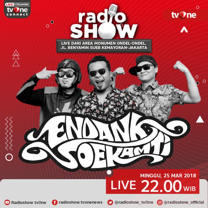 RadioShow_tvOne's tweet photo. Radioshow is back!
Endank Soekamti akan menghibur para penikmat musik di Radioshow.
Saksikan Radioshow disiarkan live dari Kemayoran Jakarta, Malam ini, pukul 22.00 WIB hanya di tvOne &amp; streaming di tvOne connect https://t.co/YlreJn3EuR

Don't miss it! #BEDAITUHEBAT https://t.co/9YGeTQIhvO