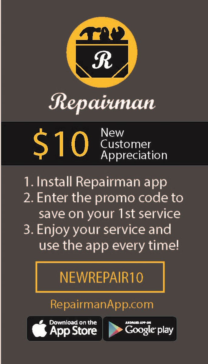 RepairmanApp's tweet photo. https://t.co/YSFSTm65gt is Live in Colorado! Nation's 1st app to get plumbers, electricians and HVAC pro's on -demand, when you need them! Use promo code "NEWREPAIR10" to get $10 off your first repairman call. Yeah! #DenverHomeShow #RepairmanApp #ColoradoProud #DenverLocal https://t.co/j3SOV5CVJ0