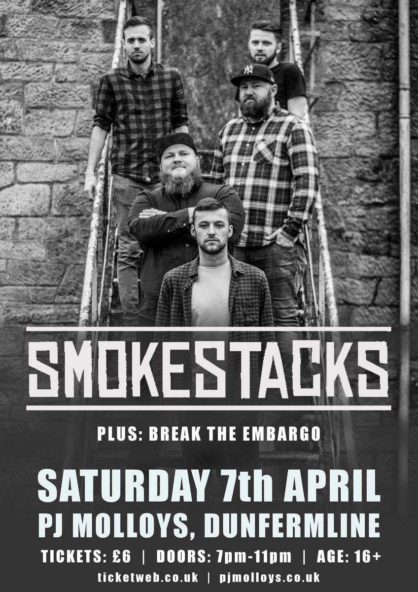 Smokestacksband's tweet photo. 2 weeks to go till we play @PJMolloys with @BreaktheEmbargo  and @TheJookJoints 
Get your tickets now!
#fife #dunfermline #rockmusic
https://t.co/WgLLWvYp9R https://t.co/1e2l0mYoaK