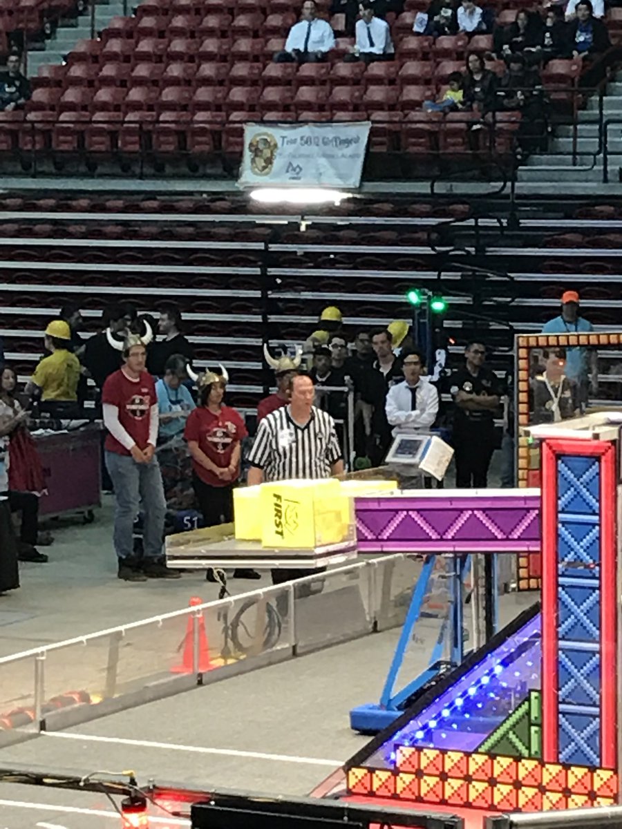 Team5851's tweet photo. DAY 3 of the competition!! Queuing up for our first match of the day! LETS GO STRIKING VIKINGS 💛❤️💛 https://t.co/js8Mpb1zeK