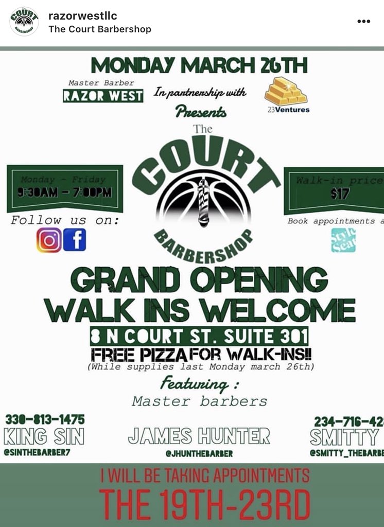 RazorWest's tweet photo. 🗣THIS MONDAY!! ✂️✂️✂️
GRAND OPENING 💈🎉🔥
FREE PIZZA FOR WALK INS 🍕🍕🍕
📍8 N Court St Suite 301
Plenty of waiting room. Meet the best barbers in town. Get a cut, schedule a cut or just catch a vibe. #OUohYea #CongoFest #HighFest #AthensOhio #OhioUniversity #barbers https://t.co/zhzfpI0uj0