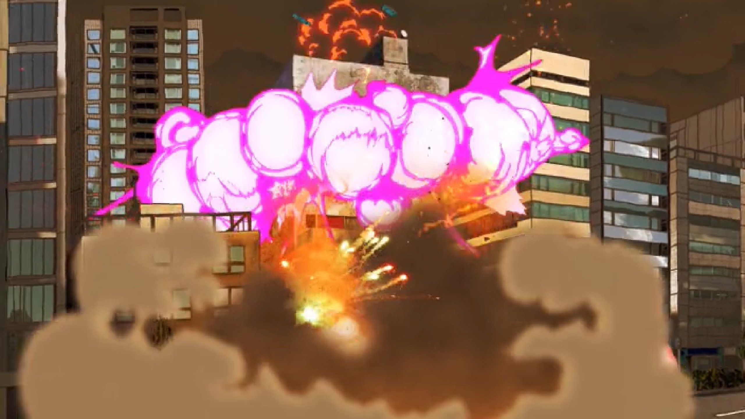 さすコン 桶ｷｬｽレベルマ 竹書房ビル爆破のシーン 下の階が普通のアニメ調 中くらいの階が実写調 上の階がなんかロボアニメっぽい色調って感じで爆発エフェクトが変ってるのポプテピらしい手の入れ用で好き ポプテピピック T Co Ioavl50ph1