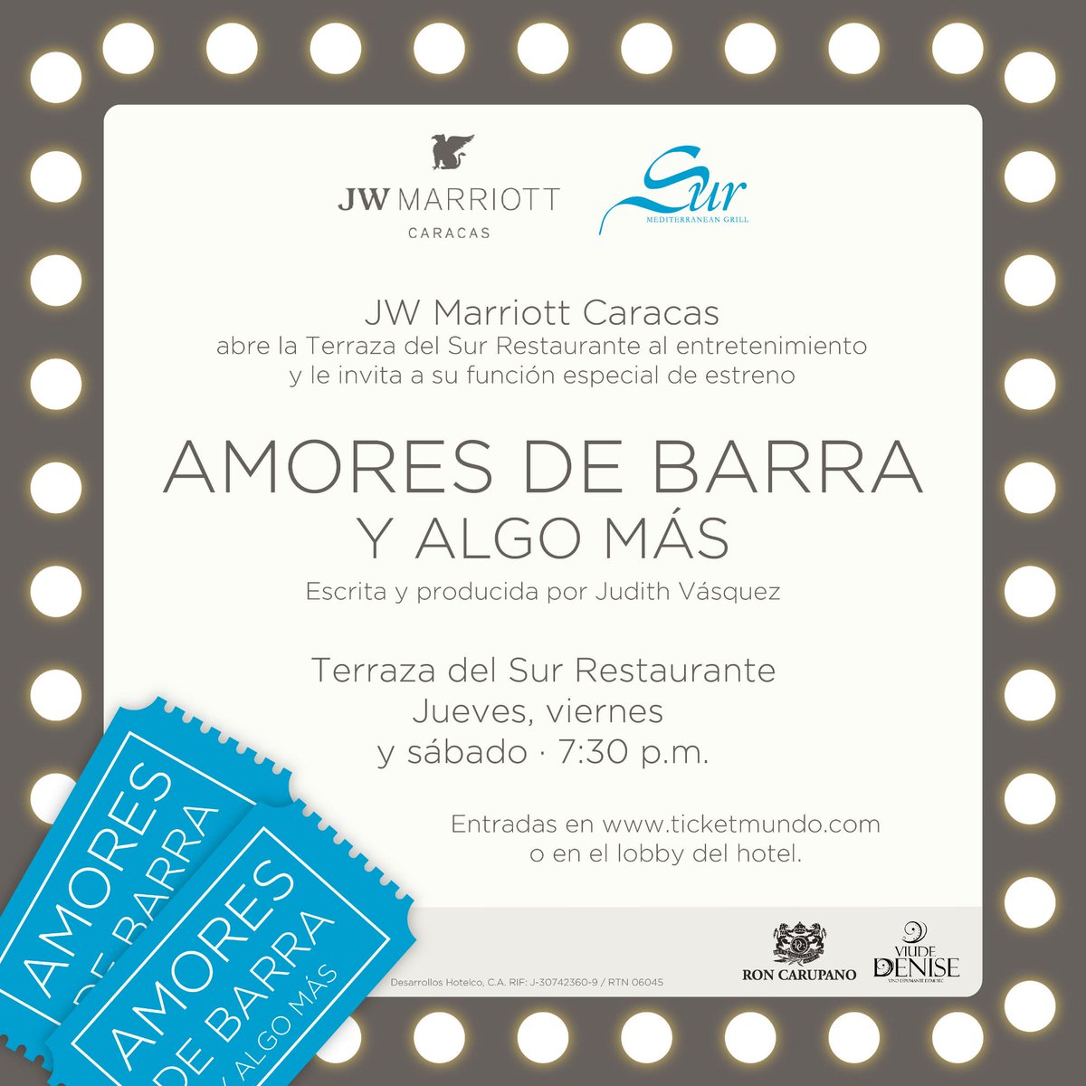 Disfruta de un rato diferente con música, humor y mucho talento. #AmoresDeBarra #RestauranteSurJW #LaTerraza #Caracas #HoyQueHay #Teatro