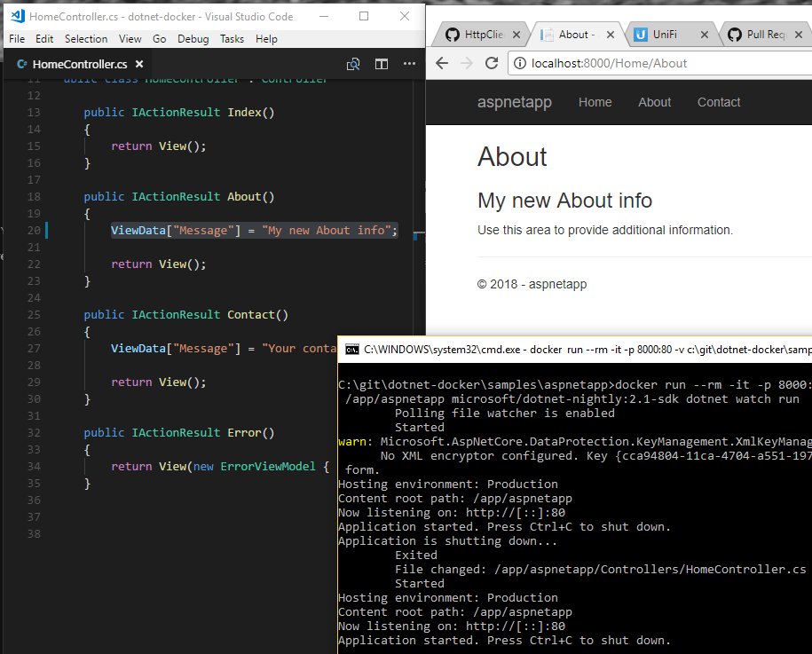 runfaster2000's tweet image. Use &quot;dotnet watch&quot; on Linux while you develop on Windows, with @docker containers! We just added &quot;Develop @aspnet Core Applications in a Container&quot;. github.com/dotnet/dotnet-… ... works with @dotnet console apps, too. No Dockerfiles!