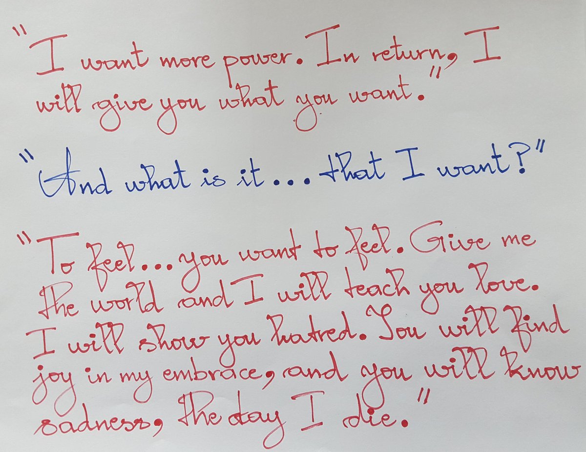SurpassedGod's tweet photo. "I want more power. In return, I will give you what you want."

"And what is it... that I want?"

"To feel... you want to feel. Give me the world and I will teach you love. I will show you hatred. You will find joy in my embrace, and you will know sadness, the day I die." https://t.co/AuqBf69FTS