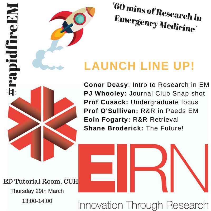 DocSBroderick's tweet photo. Line up complete for afternoon session on #eirn launch day, this Thursday 29th March. Kicks off at 13:00 in ED tutorial room in @CUH_Cork #rapidfireEM
Don't forget evening JC and official victory party for SimWars Champs UCC @TheCourtyardSL from 19:00 til late https://t.co/0ikHBapsez