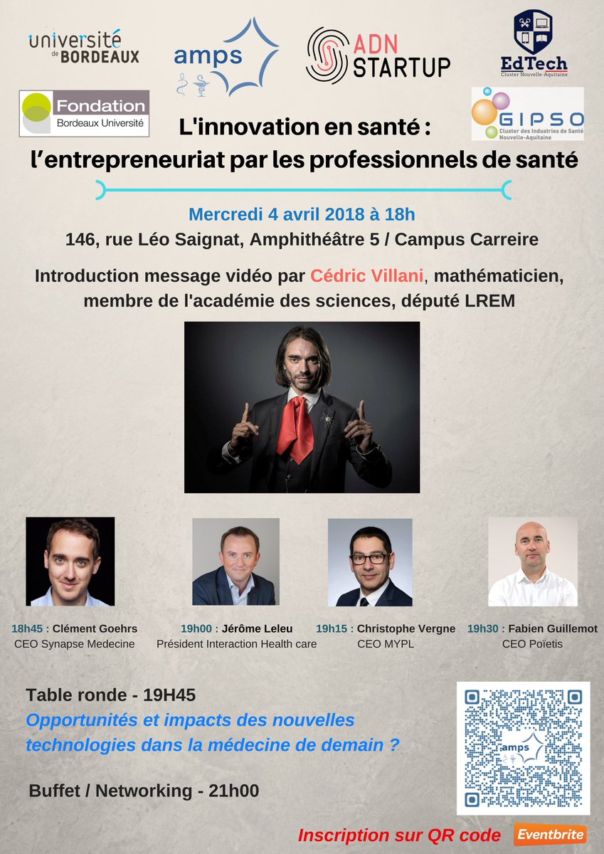 <a href="/EBTTnews/">EBTT</a> Christophe Vergne, CEO de la start up MYPL participera à la table ronde sur les "Opportunités et impacts des nouvelles technologies dans la médecine de demain" à Bordeaux. #blockchain, #esanté, #healthcare, #innovation, @assoAMPS, bit.ly/2HV1mGK