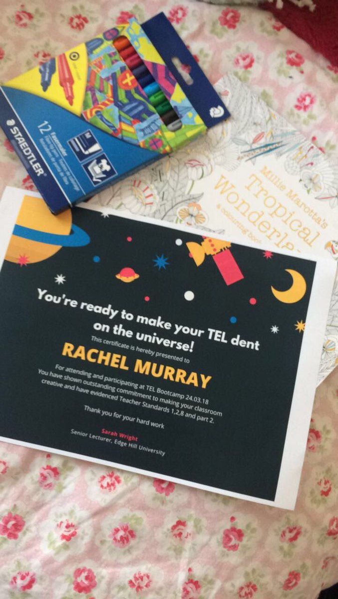 MissRMurray1's tweet photo. Thank you so much to @Sarah__wright1 for organising the #TELbootcamp. I have had a fantastic day! What more could you want - pedagogical knowledge, a certificate, a lovely network of people, colouring in and Lola!👩🏼‍🏫🎓💻😄 https://t.co/fVUQesovHq