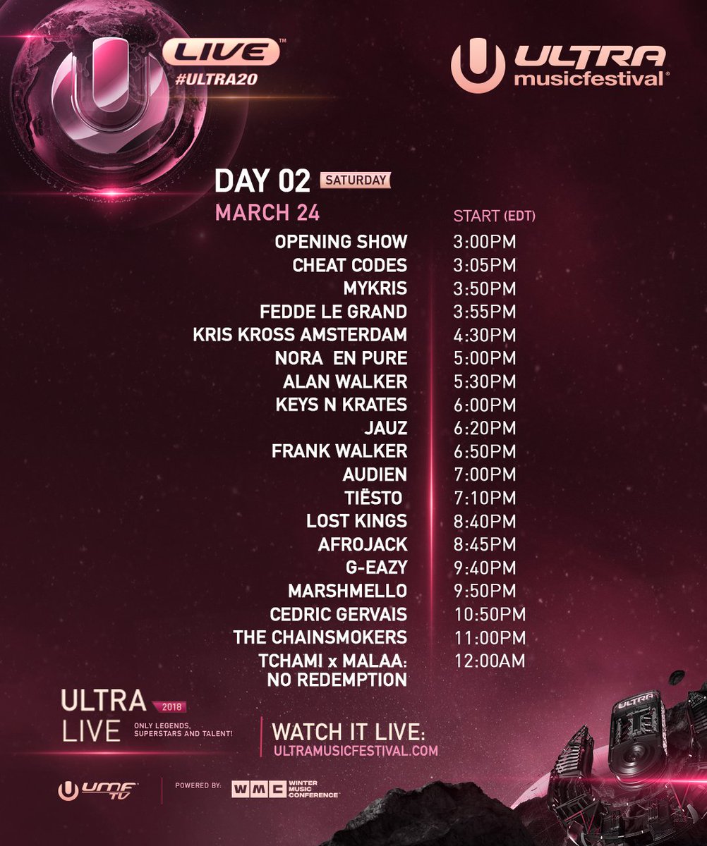 ultra's tweet photo. Check out the schedule for Day 2 of #ULTRA20 via @UMFTV!

Coverage begins at 3pm EDT at https://t.co/q2SvRJvVSS https://t.co/Zvf4Q8hqYm
