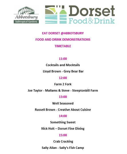 A great selection of demonstrations next Saturday as part of the new food fair Eat Dorset <a href="/Abbotsbury/">Ian Martin</a> Gardens Demos inc. <a href="/sallysfishcamp/">Sally's Fish Camp</a> <a href="/RussellBCaC/">CreativeaboutCuisine</a> @mallamsweymouth plus Dorset cocktails and more
£5pp inc food fair and gardens and it all starts at 10.