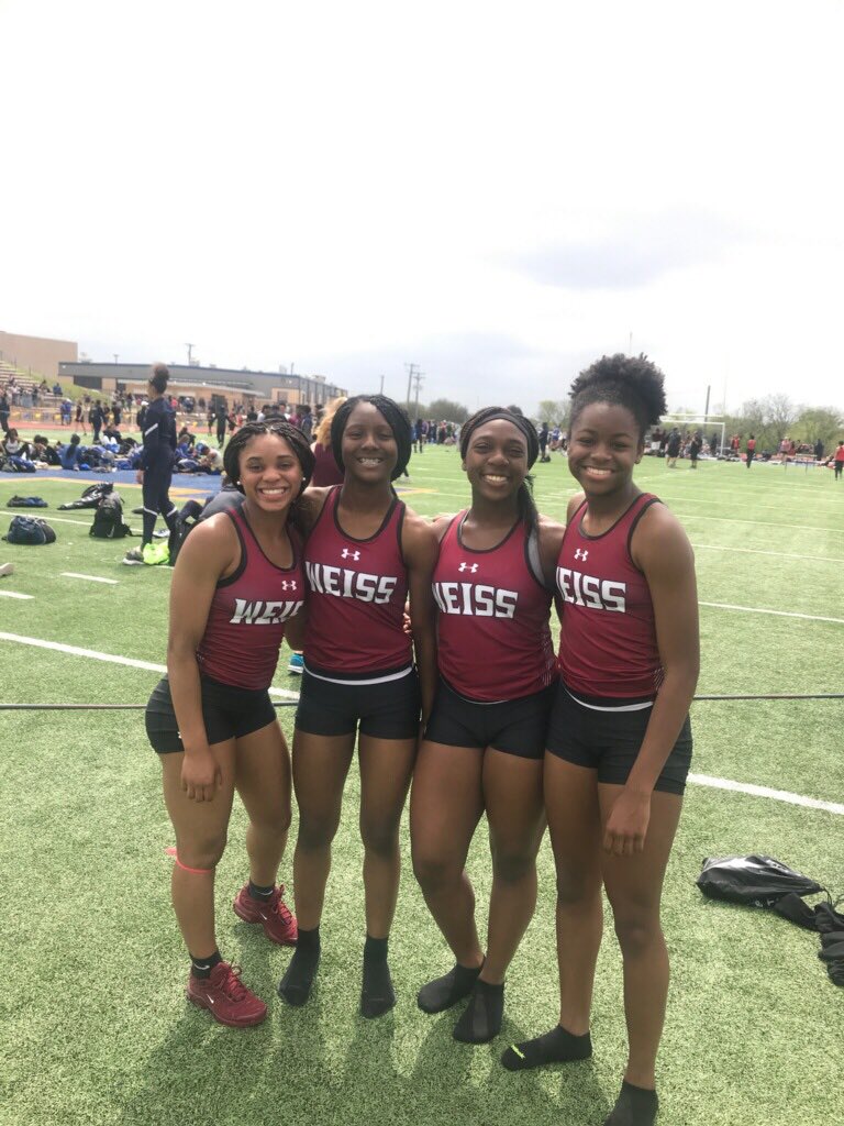 Panther Relay Results (W) - 4x100 Relay First Place 🥇: Carley Edwards Jordan McKeel Chanelle Sims Michaela Francios #PfISDAthletics #CrimsonCrew