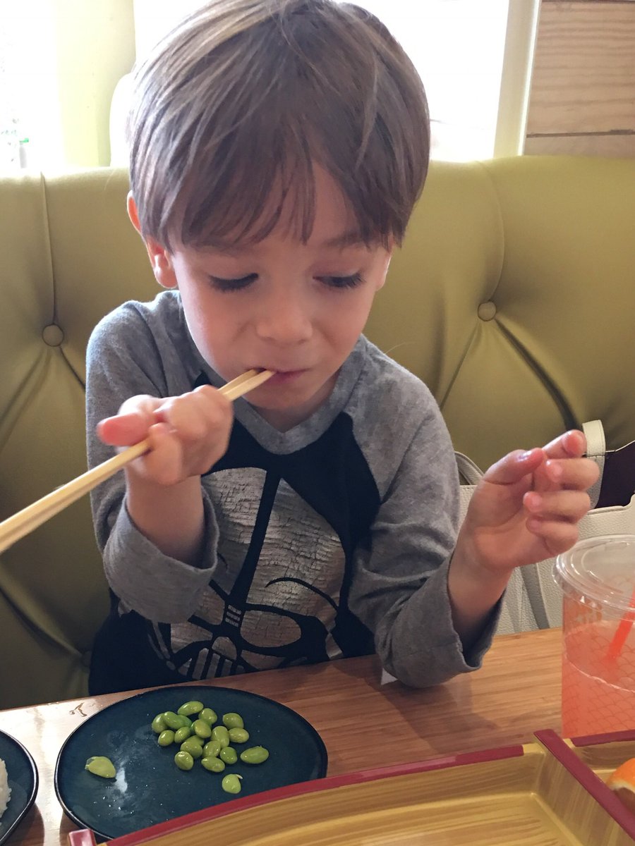 Sushi Maki Coconut Grove.... he loves the Kids Boat... with Edamame, salmon / rice &amp; lychee-peach iced tea.