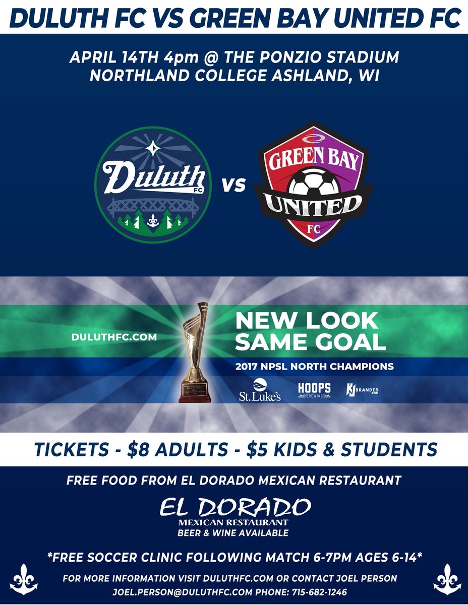 Brand new MN/GB rivalry in the making...AND NOW WITH FREE FOOD 🌮💙🌯💚🥙

Announcing a pre-season friendly against <a href="/GBUnitedFC/">Green Bay United FC</a> on April 14th <a href="/northland_edu/">Northland College</a> in beautiful #AshlandWI! 

Mexican food courtesy of El Dorado Restaurant &amp; free soccer clinic provided after the match!!