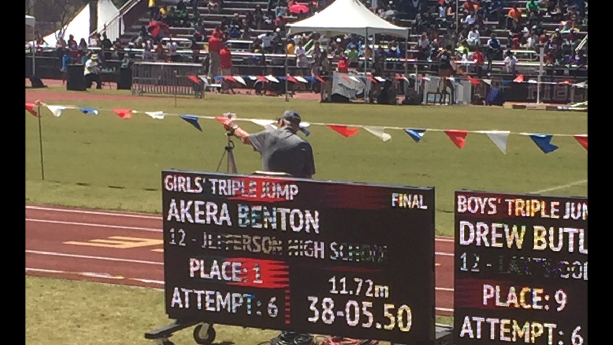 JeffersonFootba's tweet photo. Your FSU Relays #Champion and new School Record holder  is Akera Benton with a 38'5.5" Triple Jump!! 

#MultiSport star with a 3.9 GPA!

#Recruit @akerabenton ! https://t.co/GeYZRFEubt