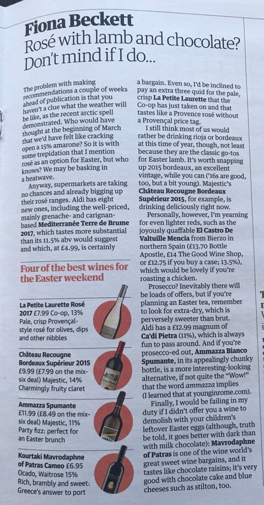 winecreatives's tweet photo. Great too see our #windesign grace @guardian pages thanks to @food_writer food with #Laurette #Rosé #wine top of the Easter picks! @coopukfood https://t.co/NtQy3eEtZp