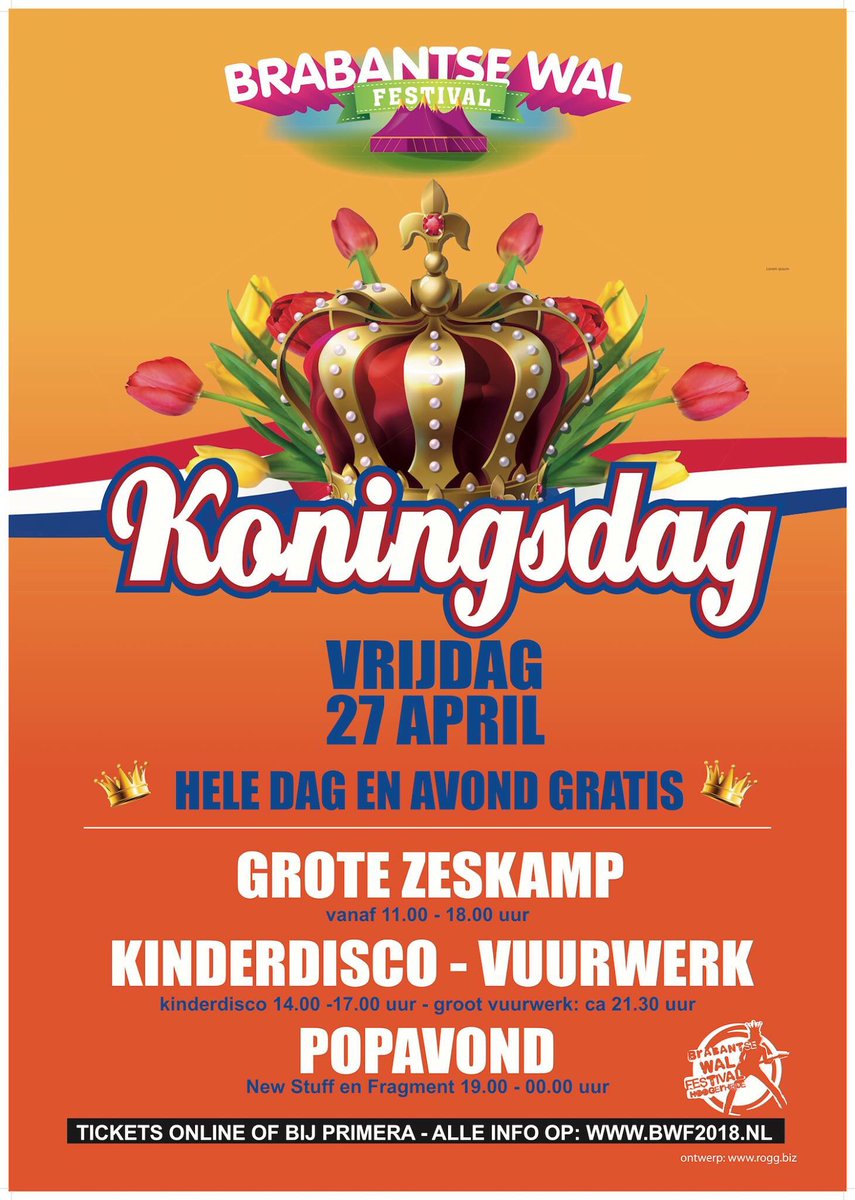 Het programma voor Koningsdag op BWF2018
Grote Zeskamp, Kinderdisco, Vuurwerk, Popavond.
De hele dag en avond GRATIS!
#BWF2018