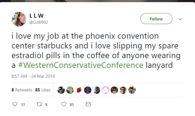 Falconeddie1's tweet photo. If you are at the #WesternConservativeConference do not go to the @Starbucks at the Convention Center.
Pass this along. There is a loony female employee tweeting threats of putting drugs in the coffees https://t.co/lBfT2CKn3A