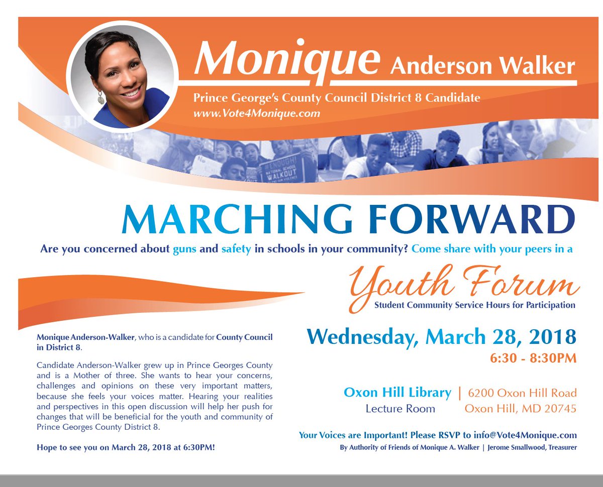 Vote4Monique's tweet photo. PRINCE GEORGES COUNTY, MD: Concerned about safety and guns in our schools and community? Come share your voice and ideas during our "March Forward Youth Forum" on March 28 at 6:30 pm at the Oxon Hill Library. We need to hear from you! https://t.co/NAvYcLQQOR