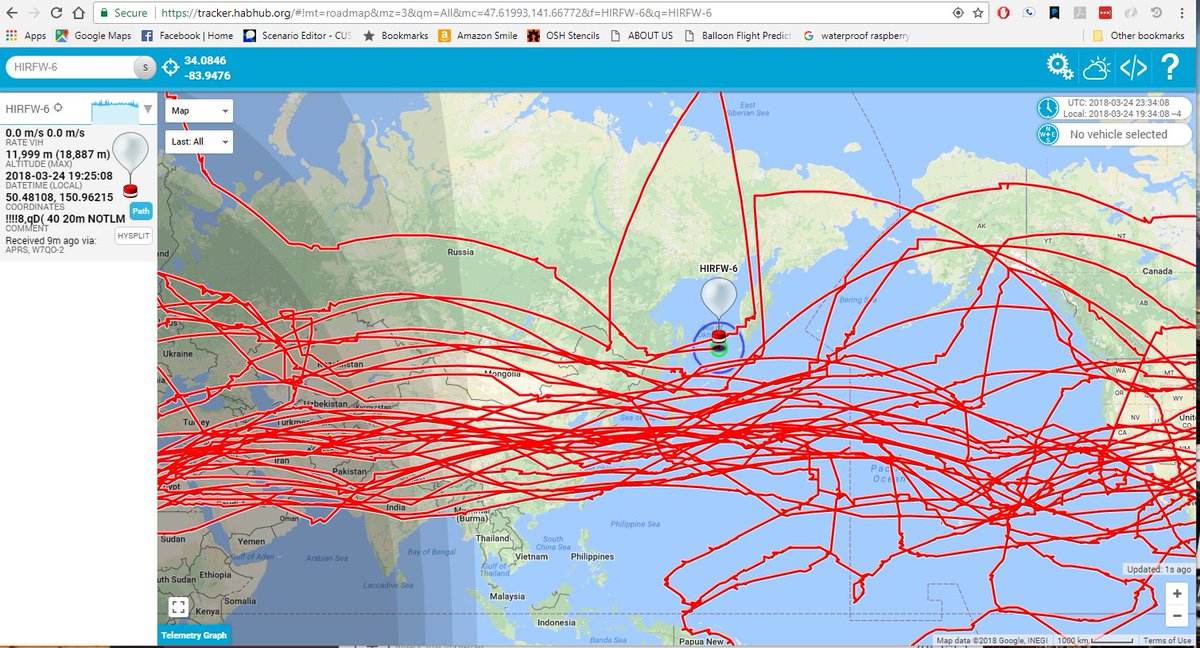 Today marks the need for 180 days exactly to complete 2 years aloft.  Any one want to count the circumnavigations? :) #hab #wspr #aprs #nearspace @BalloonEDU @K6RPT