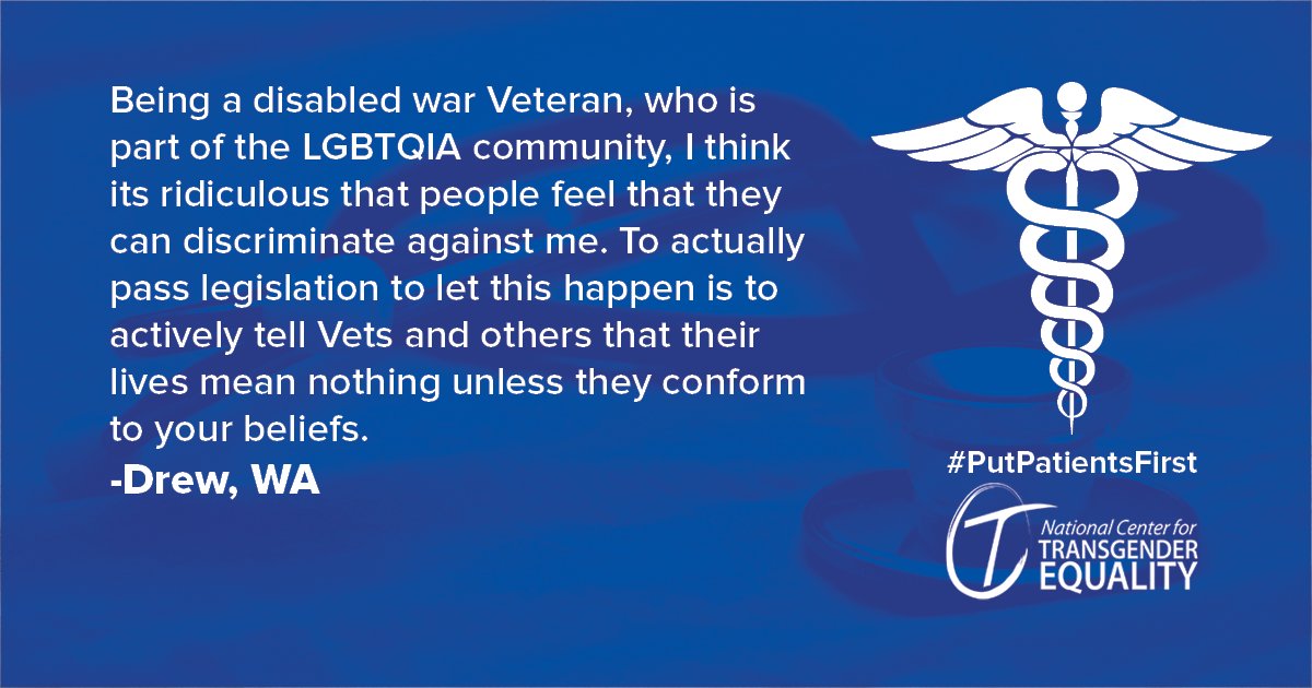 TransEquality's tweet photo. "Being a disabled war Veteran, who is part of the LGBTQIA community, I think it's ridiculous that people feel that they can discriminate against me."
#PutPatientsFirst and tell HHS to end the Trump-Pence #RxForDiscrimination! https://t.co/okPLBMmBEu https://t.co/kpgwshDCFR