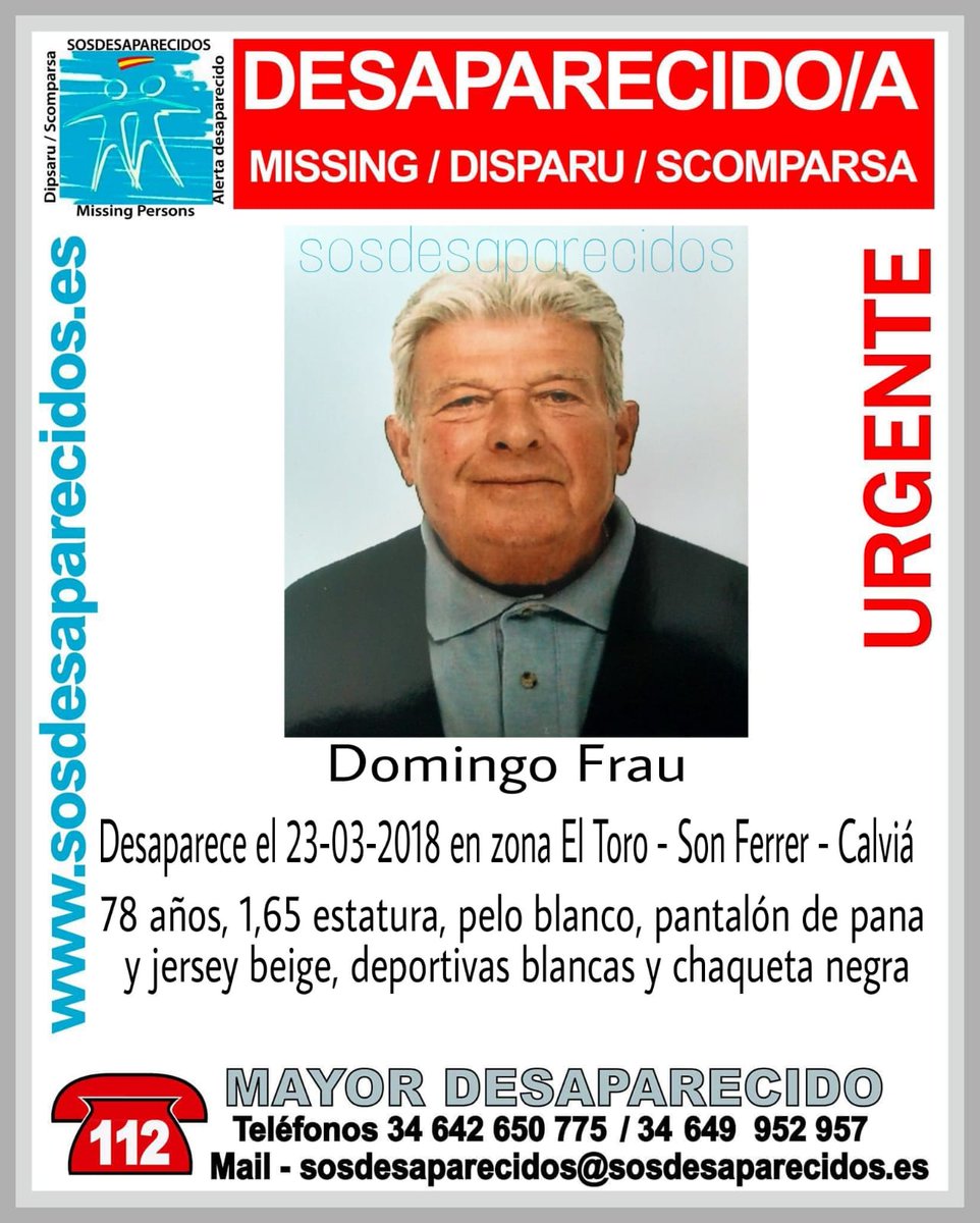 🆘#MUYURGENTE⚠️ 

Este es Domingo, un #mayor que ha #desaparecido en Calviá #Mallorca #Baleares

Si lo has visto llámanos
 ☎062 
 ☎091
 ☎112 

Tu RT es muy importante