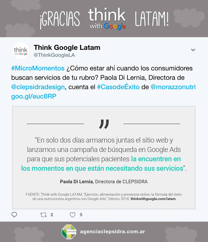 clepsidradesign's tweet photo. Gracias @ThinkwithGoogle Agencia #Clepsidra Caso de Éxito en Campañas #AdWords #MarielaMorazzo https://t.co/FBcSB8AUoY #SoyGooglePartner https://t.co/cgaQO8pHbt