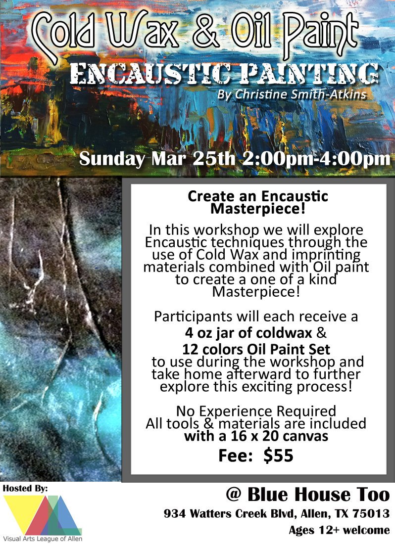 VALA_TX's tweet photo. Last chance to sign up for this class tomorrow!
Come learn new skills from @CSATechArt @BlueHouseToo
@AllenTXArts
#valatx #art #artist #painting #workshop #encaustic #wax #oilpaint https://t.co/DHN15VHBwZ