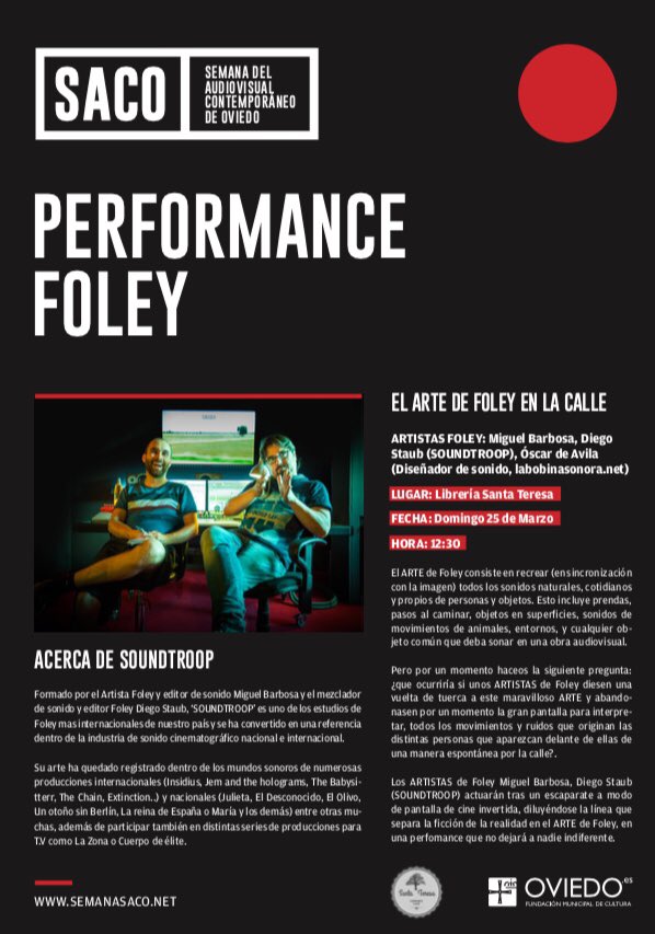 saco_oviedo's tweet photo. Planazo para mañana: abrir jornada con la performance Foley en @SantaTeresaLib 12:30 El arte de Foley desde dentro con #soundtroop #saco @culturaoviedo ¡ajustad la hora y no os lo perdáis! https://t.co/J6iTikZ2N9