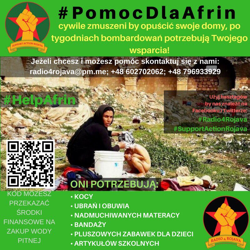 Radio4Rojava's tweet photo. Do you have Polish friends? Share this message with them, please. Charity action for #Afrin in Poland! #PomocDlaAfrin #HelpAfrin #Radio4Rojava #SupportActionRojava https://t.co/qGxWygVau1