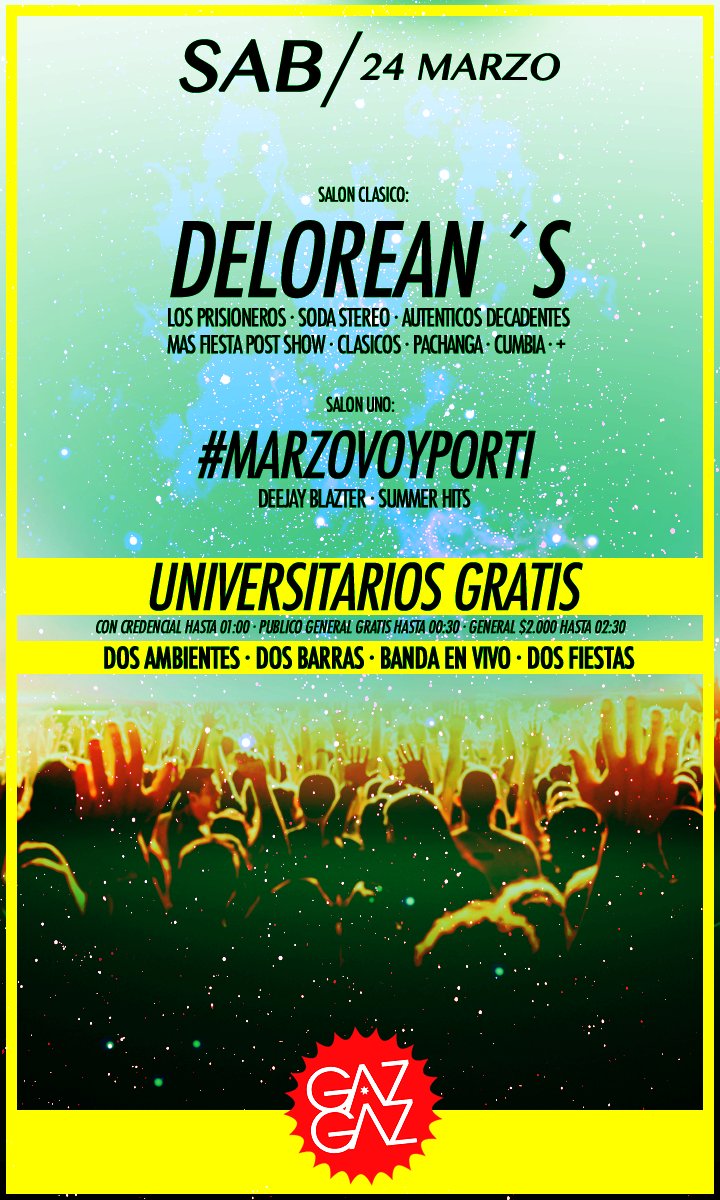Sábado 24 Marzo| Reventamos!
2 Ambientes de Fiesta
Salón Clásico: DELOREAN´S EN VIVO: los prisioneros, soda stereo, los auténticos decadentes, los enanos verdes Y MÁS.
+ Fiesta de clásicos/ pachanga/ Electro/Cumbia
Salón 1: Full Fiest. Summer Hits, Reggaeton, clásicos -