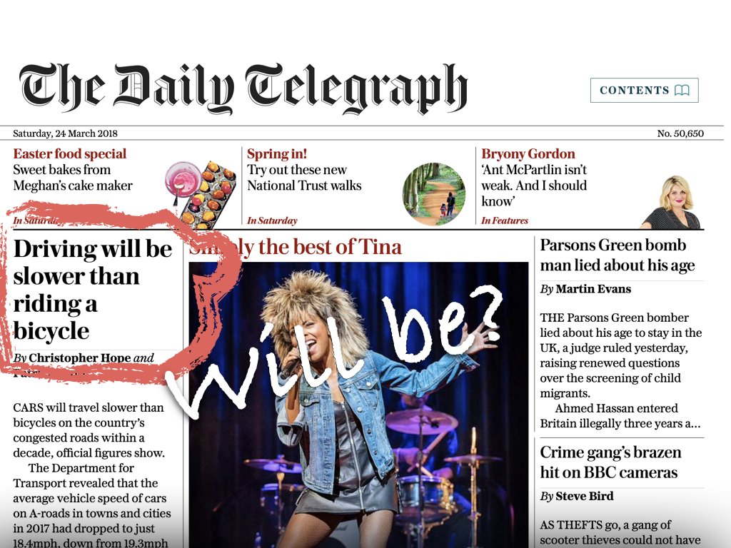 carltonreid's tweet photo. Driving set to be slower than cycling, worries The Telegraph. https://t.co/Wxa2ERBBZB So, ride a bike instead, you'll be quicker (and fitter, lighter, and less of a burden on society and the planet). https://t.co/9ErRQR6rpt