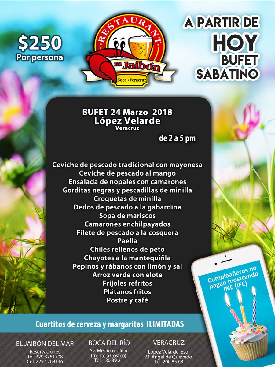 A partir de HOY, Sábado 24 de febrero. Recibimos la primavera con nuevas promociones. #BufetDeSábado #LópezVelarde
#SemanaSanta2017 #ElJaibón #ActitudJaibonera