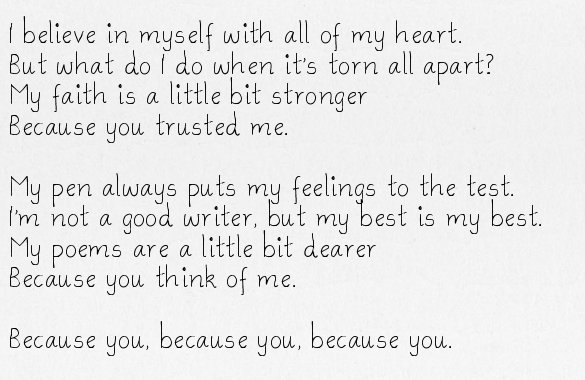 SherkWisdom's tweet photo. The way Natsuki's writing style for he poems are literally how I write poems.

I am doing the pure Natsuki route, and it's just making me love her character even more. 
Just look at this special poem she gives you for doing the route. How could you dislike this character? https://t.co/KS31g1g4QH