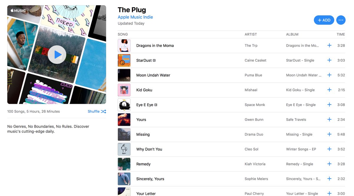 Updated!
Inspired by the rain
Mostly indie, with a hint of soul.
This Week: <a href="/thetrpface/">the trp</a>, <a href="/CaineCasket/">EARTH 2</a>, <a href="/pumabluemusic/">Puma Blue</a>, <a href="/SpaceMonkUltra/">Yared</a>, and more.

itunes.apple.com/us/playlist/th…