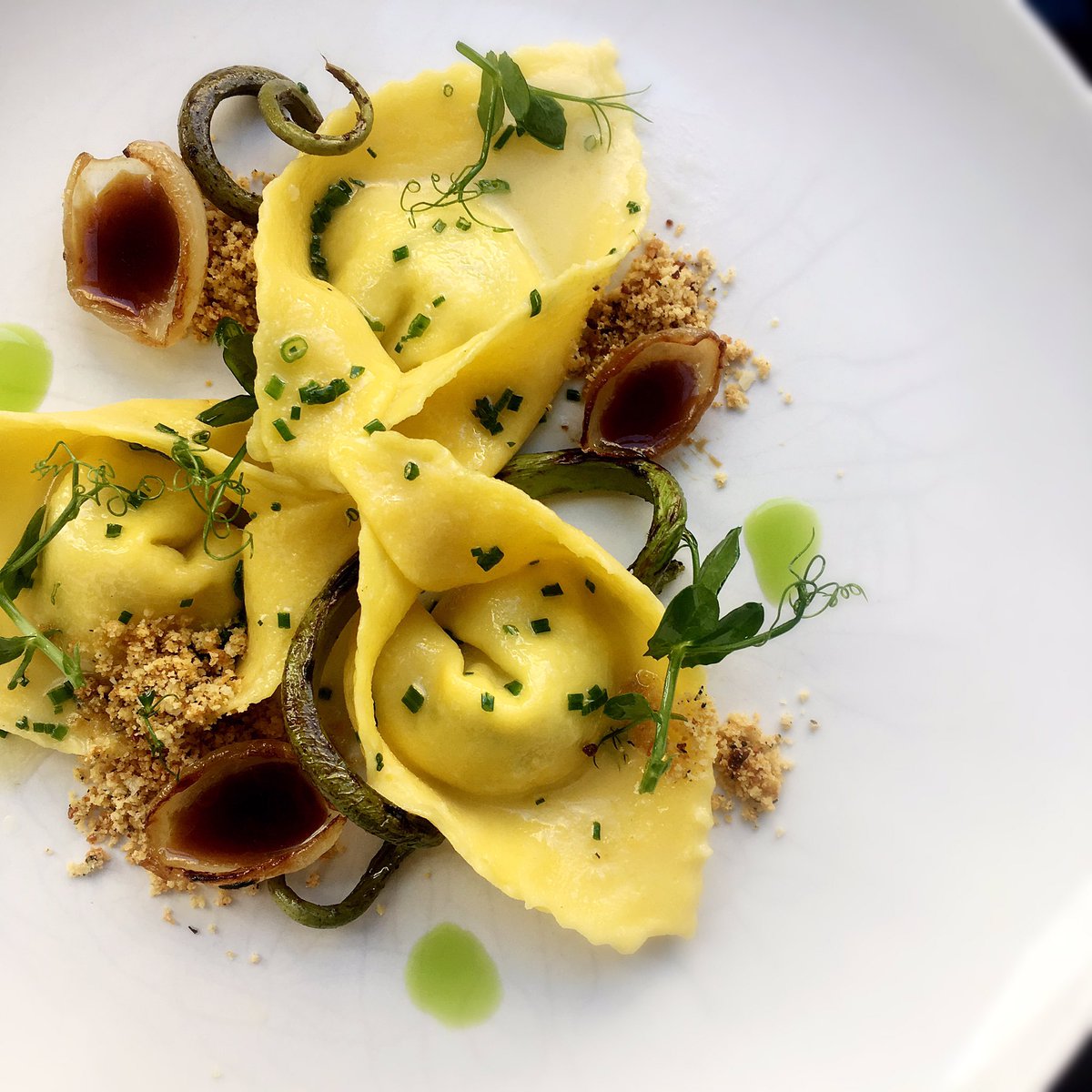 Pasta this evening : goat cheese and ramp filled cappello with fiddlehead ferns and mosto cotto #tablesidebrodovibes #stuffedpastaislife