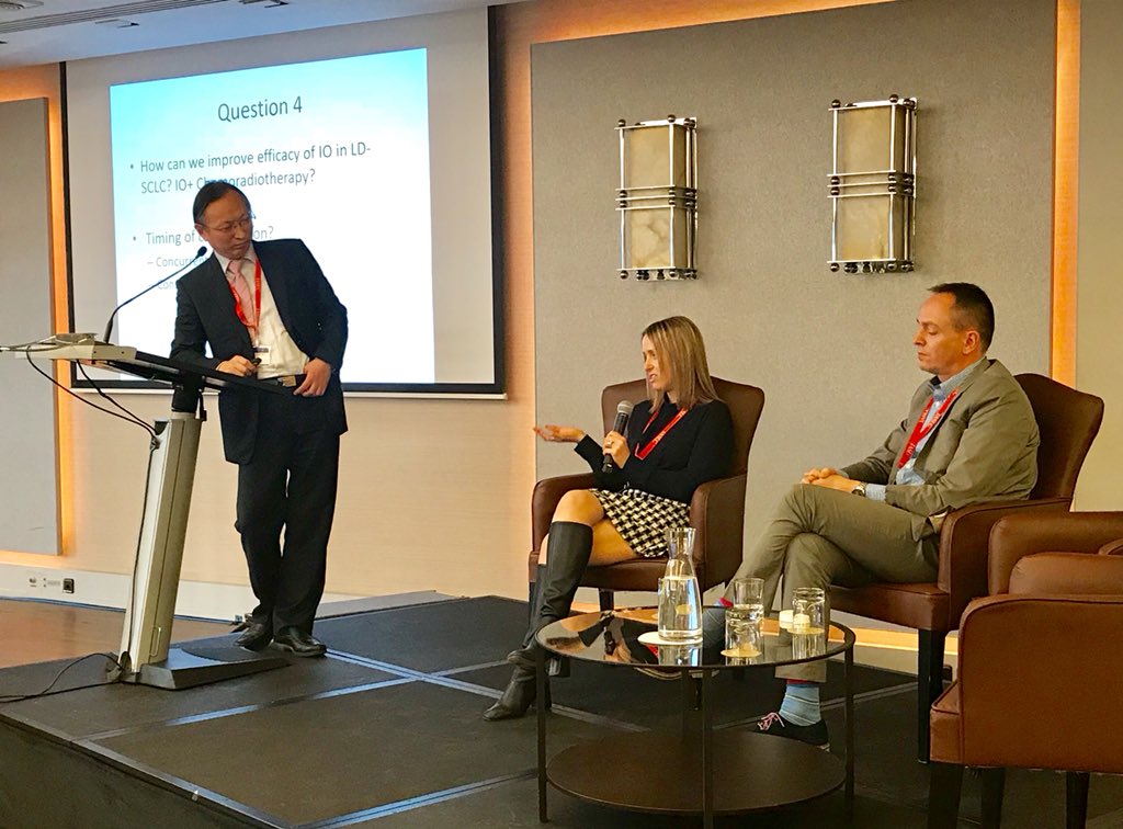 IASLC's tweet photo. Dr. Caicun Zhou led a small cell #lungcancer discussion w/presenters Drs. Leora Horn &amp; Patrick Ott about current &amp; future studies &amp; design, improving the efficacy of I/O with combo therapy &amp; TMB as potential predictive biomarker but needs to be validated #LCI18 #immunotherapy https://t.co/kviMaxCAjX