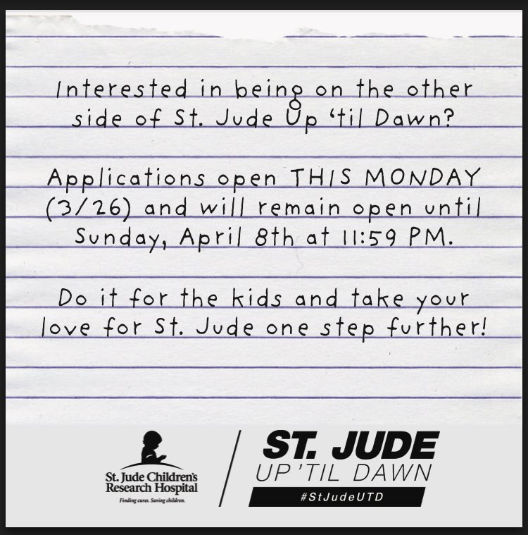 Do you want to become something bigger than yourself? Apply for the St. Jude Up ‘til Dawn Executive Board applications open MONDAY!! Link in our bio!! DM with questions!!