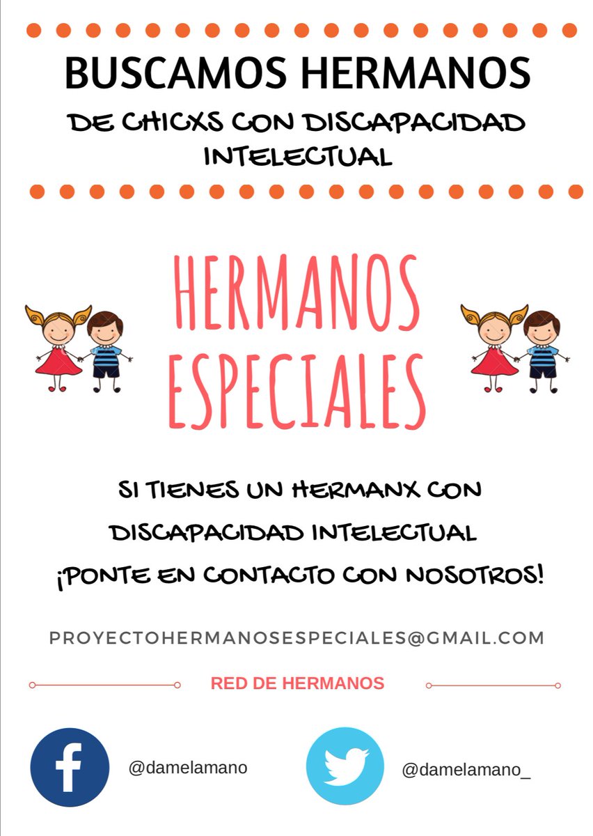 damelamano_'s tweet photo. ¡BUSCAMOS HERMANOS! 

Si tienes un hermano o hermana con discapacidad intelectual, ponte en contacto con nosotros por e-mail: proyectohermanosespeciales@gmail.com o por mensaje en Twitter o Facebook (https://t.co/QLROZ7W8ng )!

 ¡PORQUE LA UNIÓN HACE LA FUERZA! 

¡¡COMPARTE!! https://t.co/xcJKfIZQ6K