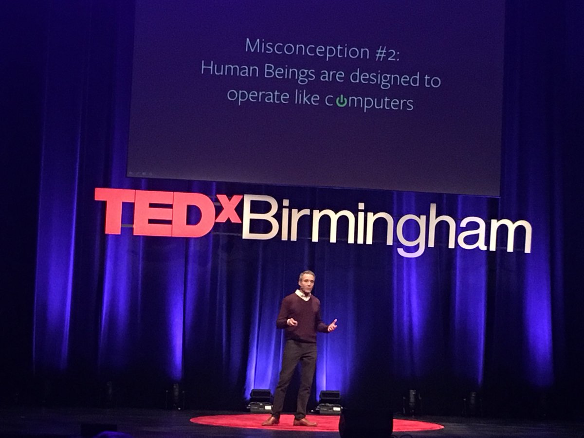 MadBakes's tweet photo. “Human beings are made to pulse—to move rhythmically between spending energy and renewing energy. The quality of #renewal matters more than the quantity.” (And these misconceptions!) @aedeutscher @mytypecast #TEDxBham2018 @TEDxBirmingham https://t.co/KJYqgXYlLz