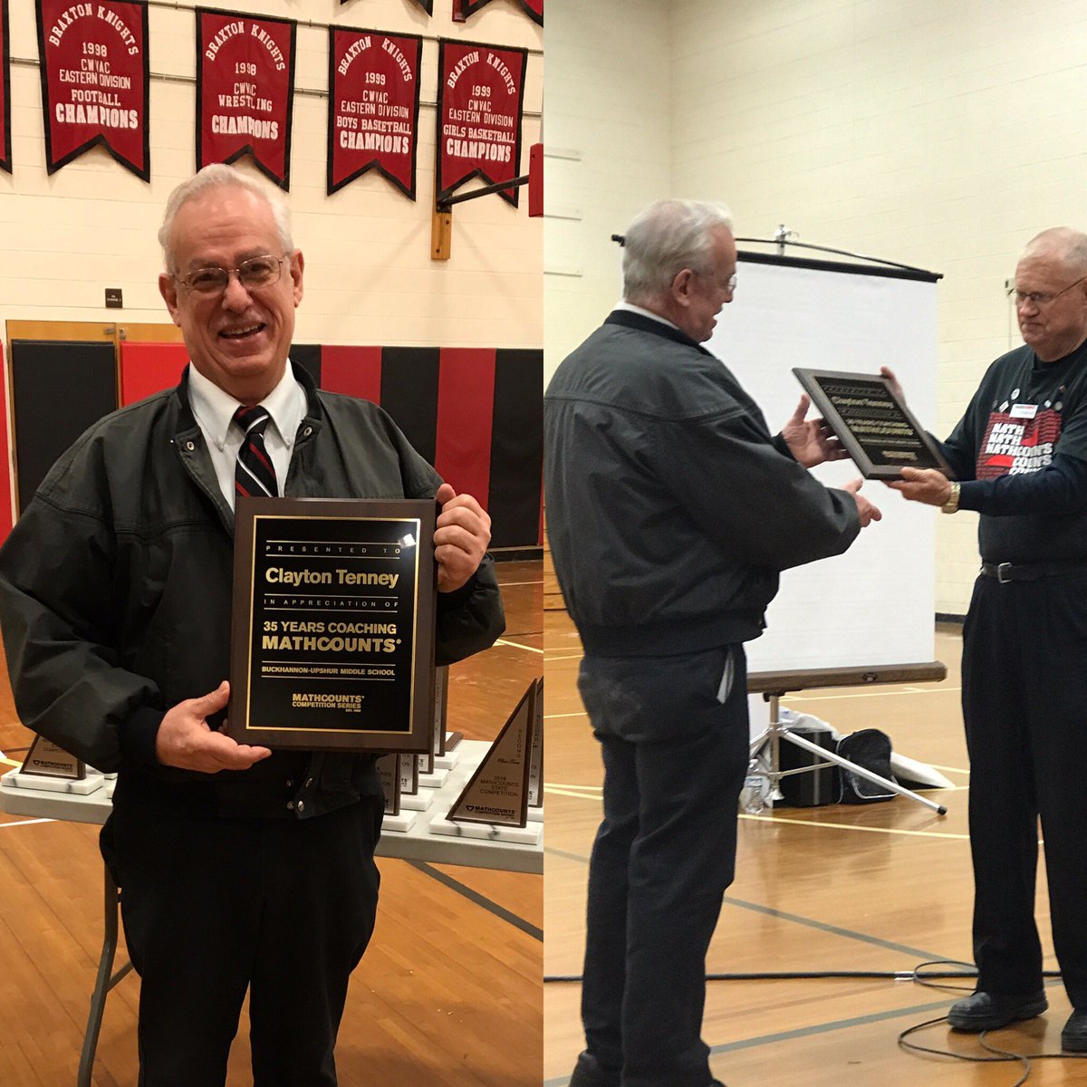 davidlweaver's tweet photo. Clayton Tenney, teacher/coach from Buckhannon Upsher Middle School, WV was honored today for 35 years of MATHCOUNTS coaching! #MATHCOUNTS #WVSPE https://t.co/gAfjUQvmMH