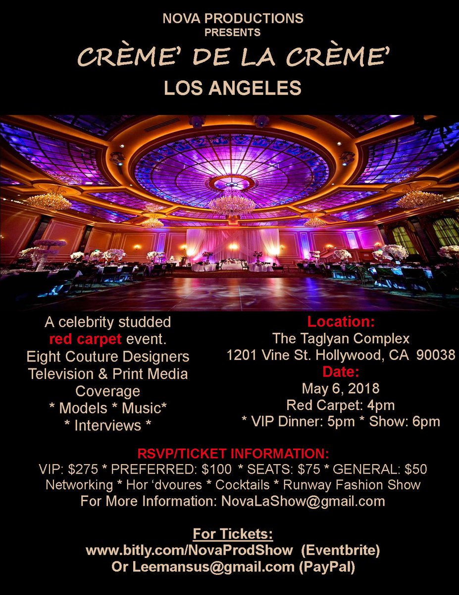 Novalashows's tweet photo. Come join us on May 6th for the #cremedelacremelafashionshow to meet 8 awesome couture designers. It will be at the #taglyancomplex in Hollywood. It will be a lot fun. #lafashion #models #music #designers https://t.co/Gdp44sqZLm